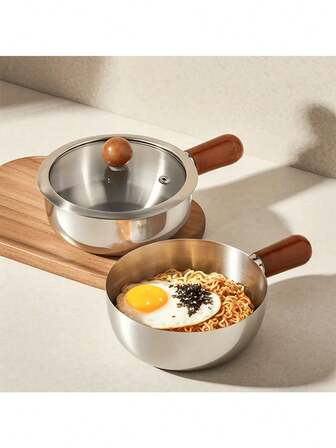 Olla de acero inoxidable con mango de madera resistente al calor | Apta para cocina de inducción, antideslizante, calentamiento uniforme en la base - Excelente para dormitorio, oficina, autocaravana, cocina pequeña, cocinar solo