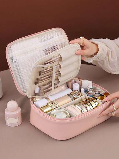 1pc Holiday Travel Makeup Bag, PU Leather, Cosmetic Bag, Multifunctional Cosmetic Storage Bag, Double-Layer Makeup Organizer, Waterproof Bathroom Toiletry Bag, Suitable For Lipstick, Eyebrow Pencil, Makeup Brushes, Watches, Holiday Essential, Travel Accessories, Birthday Gift, Bridesmaid Gift, Valentine's Day Gift, Gift For Women, New Winter Arrival