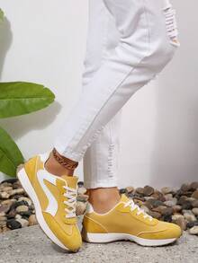 Women's Spring/Autumn New Slip-Resistant Soft Bottom Lace-Up Casual Sneakers, Retro College Style Minimalist Fashion Daily Life Shoes, Comfortable Running Shoes - Yellow - View 2