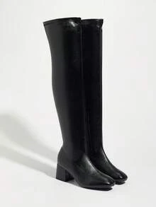 Women's Fashion Over-The-Knee Slim Boots, Autumn/Winter New Side Zipper Knight Boots, High Heel Leather Long Boots, Square Toe Mid Heel Stretch Tall Boots