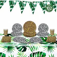 Tropical Jungle Animal Print Disposable Plates, Napkins, Cups, Tablecloth And Pennant Flags, Animal Themed Disposable Party Supplies Set, Fits 25 Guests, Disposable Paper Plates Party Tableware Suitable For Birthday, Wedding, Theme Party, Family Picnic - Multicolor - View 1