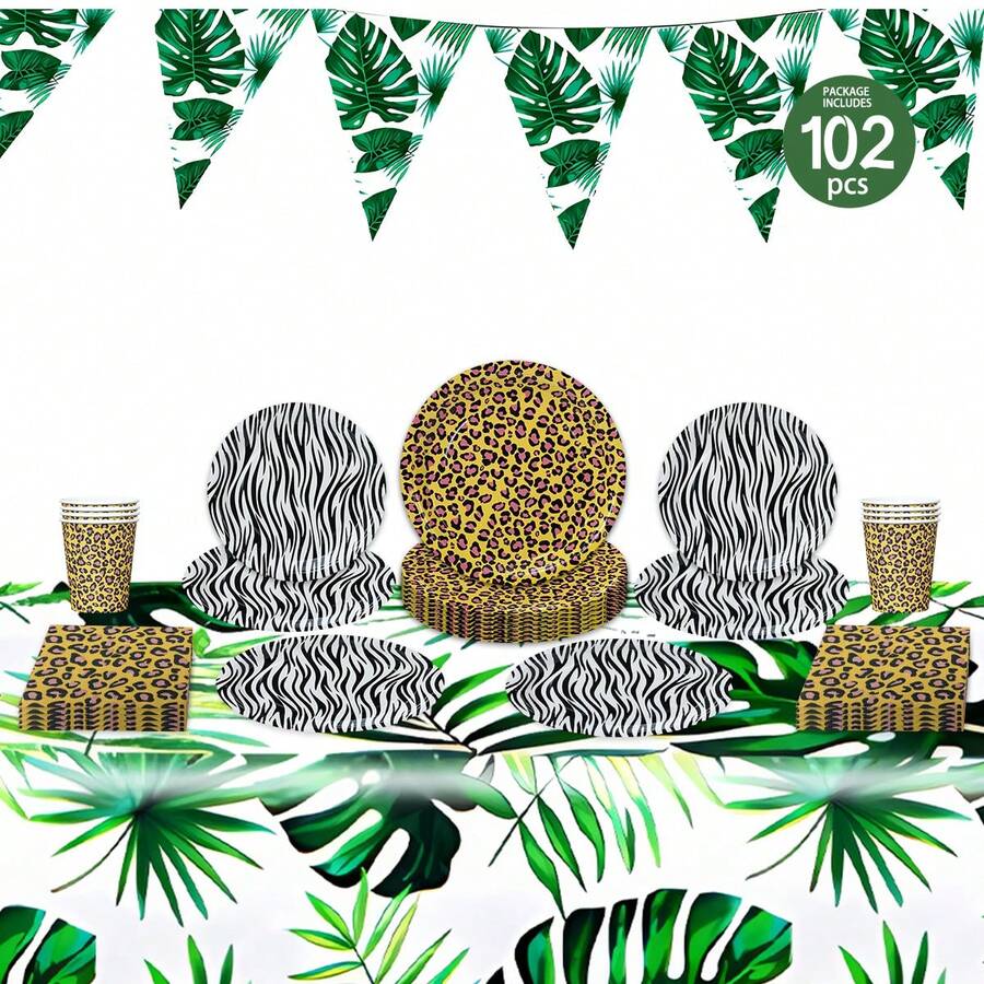 Tropical Jungle Animal Print Disposable Plates, Napkins, Cups, Tablecloth And Pennant Flags, Animal Themed Disposable Party Supplies Set, Fits 25 Guests, Disposable Paper Plates Party Tableware Suitable For Birthday, Wedding, Theme Party, Family Picnic - Multicolor - View 1