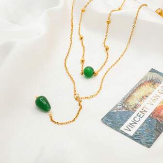 Collar con colgante de ágata verde chapado en oro de 18k, diseño elegante en capas, adecuado para el uso diario de las mujeres