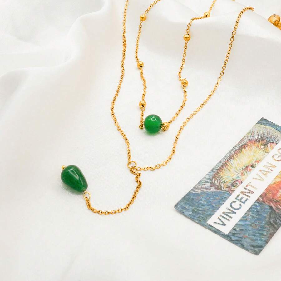 18k Gold Plated Stainless Steel Green Agate Pendant Necklace, Elegant Layered Design, Suitable For Women's Daily Wear - Gold Green - View 1