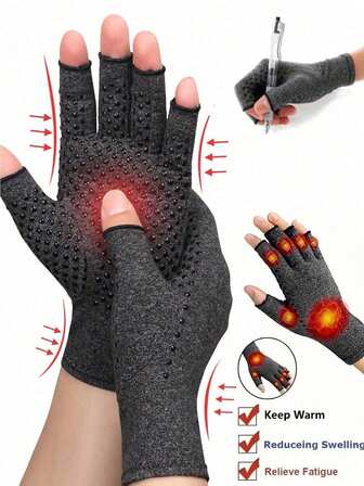 1 Pair Unisex Arthritis Gloves Grey Fingerless Gloves Warm Elastic Knit Gloves For Women & Men