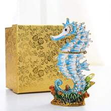 YU FENG 4.1inch Hinged Seahorse Trinket Box Hand-Pasted Rhinestones Crystal Jewelry Storage Box Christmas Gift,Seahorse-1 - 海馬-1 - 查看 6