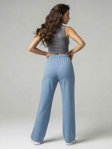 Comfortable Women's Wide-Leg Sweatpants, Soft, Structured Fit, Casual, Basic, Plain, With A Faux Drawstring. - Baby Blue - View 2