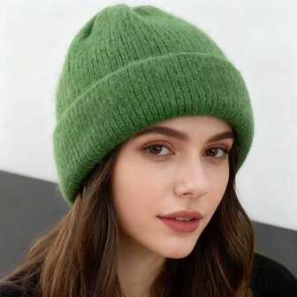 1 pieza Gorro de punto de unicolor con puño Sombreros de mujer con pelaje de conejo esponjoso Gorros de punto suaves y holgados para todas las estaciones Otoño e invierno Cálido Unisex para adultos Gorro de punto para cabeza grande Levantamiento facial y cálido Accesorios para nieve, esquí, correr, viajes y regalos al aire libre