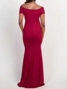 Maternity V-Neck Solid Knit Formal Dress, Suitable For Evening Party, Wedding, Photo Shoot, Spring/Summer - Red - View 3