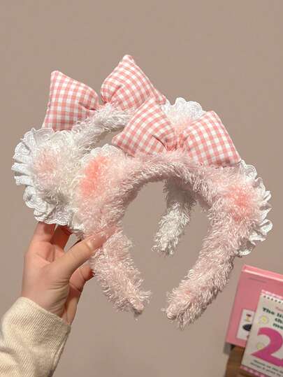 2pcs Cute Pink Bow Bear Ear Headband For Women, Plush Wash Face Hairband Hair Accessories, Autumn/Winter Hair Hoop