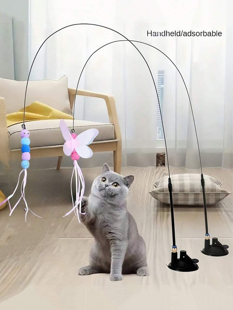 1 pieza Juguete interactivo de varilla para atraer gatos, repuesto de plumas artificiales y campanas para productos atrapadores de mascotas, adecuado para ejercicio y entretenimiento de gatos, varilla de juego manual, con varios insectos para reemplazar el cabezal