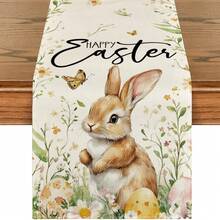 Easter Bunny, Butterfly, Egg & Flower Patterned Table Runner, Seasonal Spring Kitchen Dining Table Decor For Home Party, 13x35/13x47/13x72/13x90/13x108 Inches