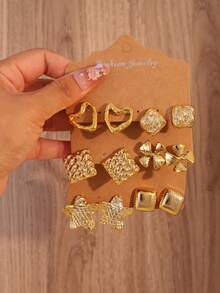 2-6 pares de pendientes con volantes, volantes con forma de corazón + cuadrado con puntos + mariposa estrella, 6 estilos para mezclar y combinar, tono dorado vintage que favorece - Dorado - Ver 8