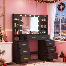 Large Dressing Table With Mirror 11 LED Light 7 Drawers Black Vanity Makeup Desk - Black - View 4