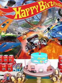 Taplak Meja Latar Belakang Mobil Balap Hot Wheels, Set Dekorasi Pesta Ulang Tahun, Taplak Meja Latar Belakang Tema Mobil Balap Keren untuk Dekorasi Pesta Ulang Tahun, Latar Belakang Foto untuk Pesta Makan di Luar Ruangan, Perlengkapan Pesta Ulang Tahun - MultiWarna - View 1