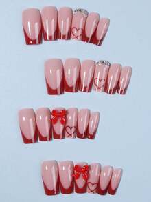 Bộ 24 miếng dán móng tay acrylic hình quan tài màu đỏ, họa tiết nơ và trái tim màu hồng đính đá, kèm 1 lọ sơn gel và 1 dũa móng, phù hợp cho nữ và bé gái, dùng hàng ngày và dự tiệc. - Đỏ - Xem 4