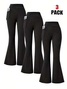 EBIOSVE Women's Flared Yoga Pants In Black | High-Waisted Tummy Control With Side Pockets | Lightweight & Stretchy For Spring & Fall - 3pcs(black) - 查看 1