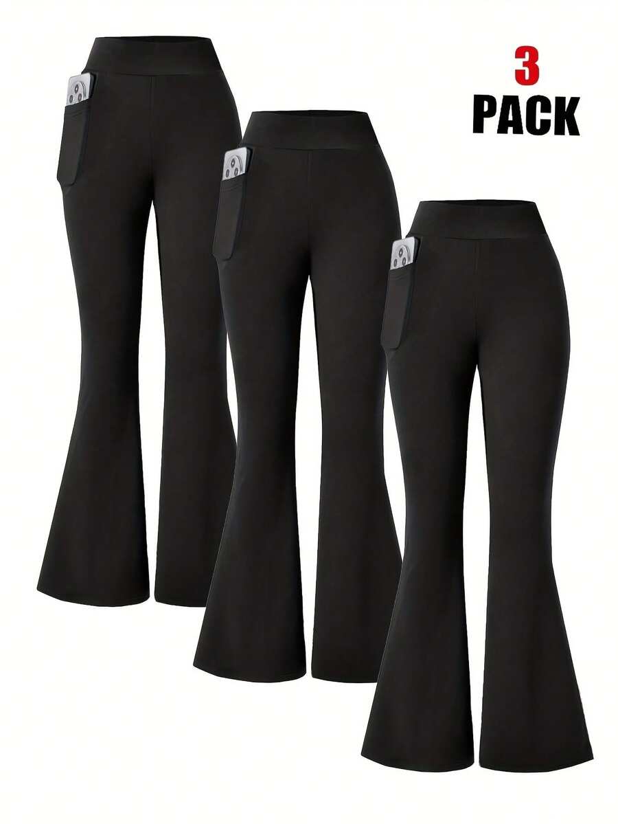 EBIOSVE Women's Flared Yoga Pants In Black | High-Waisted Tummy Control With Side Pockets | Lightweight & Stretchy For Spring & Fall - 3pcs(black) - 查看 1
