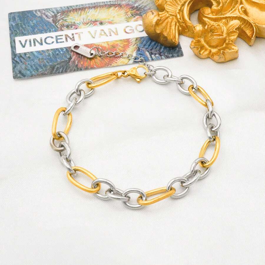 18k Gold Plated Stainless Steel Bicolor Splicing Bracelet, Hiphop Design, Unique Fashion Personalized Bracelet Suitable For Daily Wear - Gold and Silver - View 1