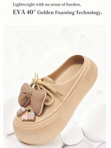 Women's Clog Sandals,  Cute Bow, Summer Fashion Leisure Slippers, Outdoor Indoor Sandals, Height-Boosting Comfortable Anti-Slip, Suitable For Vacation, Walking, Beach, Outdoor. - 卡其色 - 查看 4