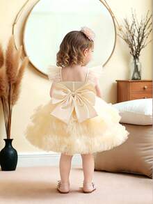 Baby Girls V-Neck Bow Ruffle Mesh Cute Wedding Dress, Suitable For Birthday Party, Excluding Headband - Champagne - View 5
