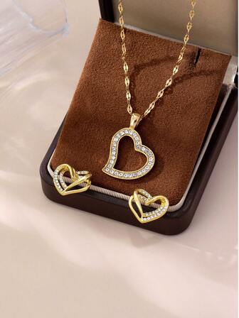 1 Set Alloy Material Fashion Rhinestone (Glass) Heart Necklace And Earrings Jewelry Set, Women's Daily Wear, Holiday Gift (No Gift Box)