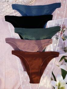 5pcs/Pack Plus Size Women's Sexy Panties, Basic Solid Color Comfortable Knitted Low Waist Soft Thong, Suitable For All Seasons And Daily Wear - Multicolor - View 4
