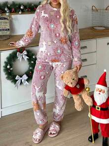 Setelan 2pcs Wanita Motif Natal: Sweatshirt & Celana, Bahan Fleece Hangat dengan Motif Cetak Seluruh Permukaan, Warna Merah, Nyaman & Romantis untuk Musim Gugur/Dingin - Merah - View 7