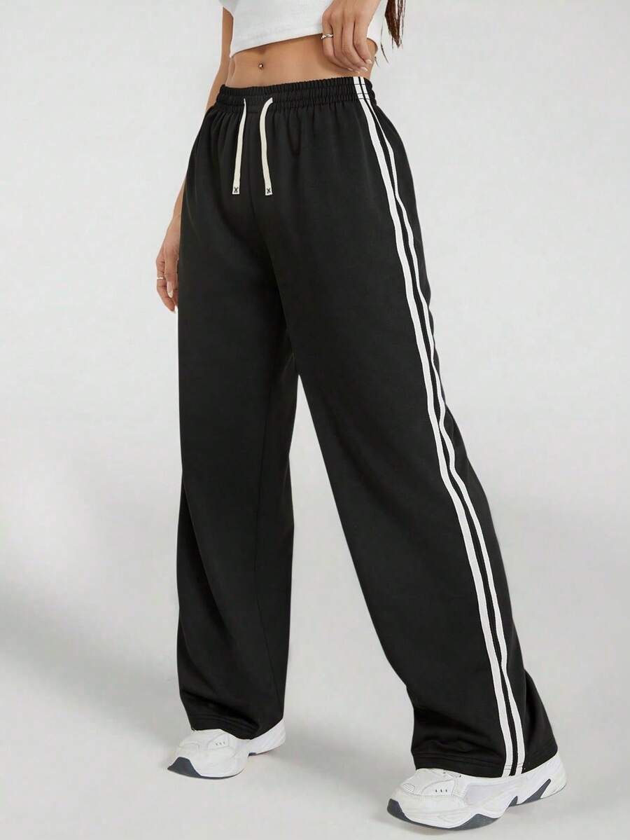 Women's Side Stripe Sports Pants, Straight Stripe Jogging Pants, High Waist Sports Pants, Double Stripe Women Sports Pants, Outdoor Sports Pants, Casual Stripe Jogging Pants, Retro Side Stripe Trousers - Black - View 1