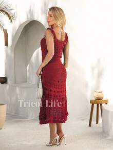 Women's Midi Knit Dress, Crochet Style,  Style, Lined, Elegant, Party, New Year's Eve, Casual, Evening, Wedding, Gender Reveal. - 焦紅色 - 查看 7