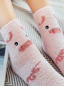 5 pares de calcetines cortos de mujer con diseño de cerditos rosas adorables, con forro de felpa grueso, cálidos y cómodos, estilo dulce y adorable, adecuados para uso diario en otoño/invierno, salidas casuales y ocio en casa, regalo perfecto para el Día de San Valentín para amantes o parejas - Rosa - Ver 5