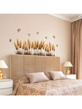 1张创意植物芦苇湿地蝴蝶装饰贴纸，PVC材质，可移除自粘易撕贴纸，家居装饰，点亮您的生活，节日装饰贴纸，生日毕业礼物