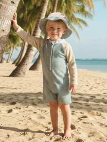 Cool Striped Zip-Up Swimsuit For Infant Boys  Contrast Color Long Sleeve Set With Sun Hat - Màu xanh bụi bặm - Xem 5