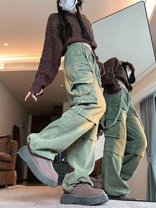 Straight Loose Wide Leg Jeans, High Street Design Cargo Pants For Women - Retro Blue - View 7