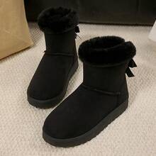 Girls Faux Fur Snow Boots With Double Bow Back – Cute Plush Lined Winter Ankle Boots, Soft Furry Collar Non-Slip Shoes For Toddlers & Kids - 黑色 - 查看 3
