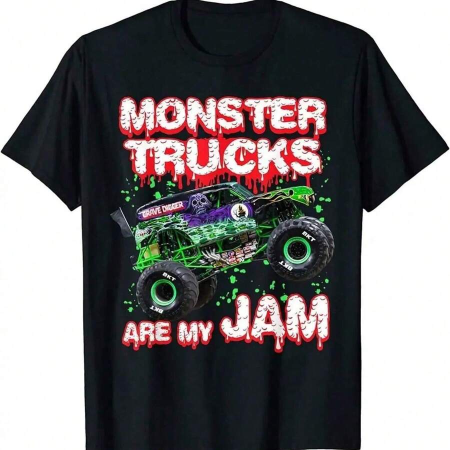 Monster Trucks Are My Jam Cool Retro Truck Lover T-Shirt 100% Cotton O-Neck Summer Short Sleeve Casual Mens T-Shirt Size S-3XL - 黑色 - 查看 1
