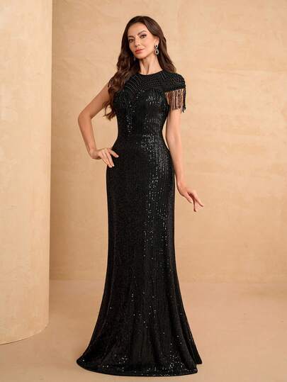YISIKADO Elegant Women's Black Sequin Long Formal Dress, Round Neck Short Sleeve, Featuring Contrast Mesh Details, Perfect For Evening Events Party