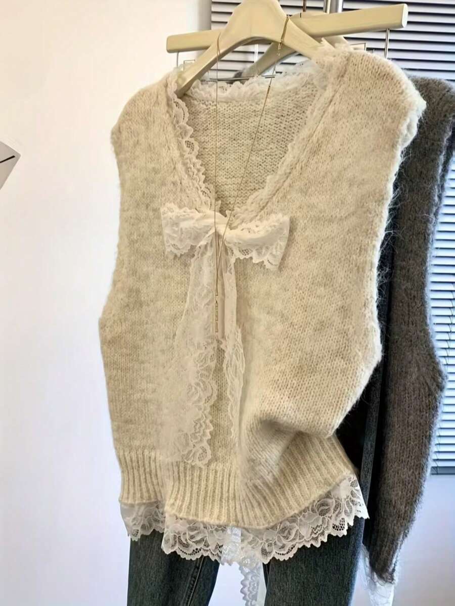 女士马海毛蕾丝无袖上衣 | 浪漫蝴蝶结镂空针织衫 | 优雅叠穿单品，适合休闲和约会穿着 - 暖杏色 - 查看 1