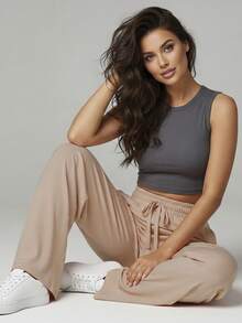 Comfortable Women's Wide-Leg Sweatpants, Soft, Structured Fit, Casual, Basic, Plain, With A Faux Drawstring. - Paja - Ver 4