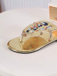 1 Paar Kinder Mode Lässig Outdoor Schmetterling bestickte flache bequeme Flip-Flop Sandalen, Kinder Strandpantoffeln - Gold - Übersicht 7