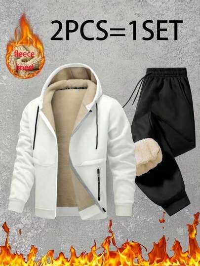 2pcs/Set Men's Outdoor Hooded Sweatsuit, Thermal Lined Thick Hoodie + Elastic Waist Sweatpants, Casual Versatile Men's Outfit