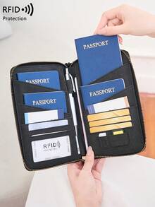 Bolso para pasaporte con bloqueo RFID CHARM INFINITE, puede contener múltiples pasaportes, bolsa de almacenamiento para tarjetas de documentos y boletos de viaje, material de tacto suave con cremallera larga, correa de muñeca desmontable, regalo del Día de San Valentín para esposa o novia