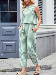 Women's Casual Sleeveless Round Neck Cropped Gingham Top With Matching Non-Stretch Gingham Pants Two-Piece Set - Màu xanh Bạc hà - Xem 5