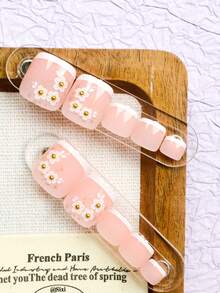 24片短方形假脚趾甲，白色法式花卉亮片水钻亚克力夹式美甲套装（包含：1片果冻凝胶和1把指甲锉），适合女性日常、约会、派对等场合 - 彩色 - 查看 2