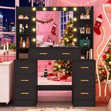 Large Dressing Table With Mirror 11 LED Light 7 Drawers Black Vanity Makeup Desk - Black - View 3