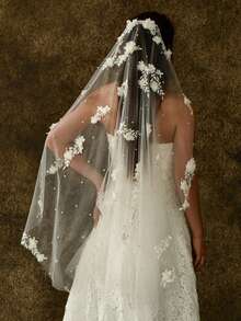 1 件手工花卉串珠大教堂新娘面纱，适用于婚礼、摄影道具、短注册处面纱，带发梳 - 米色 - 查看 4