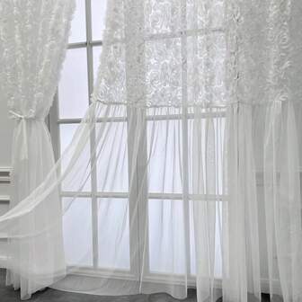 1 pieza, Cortinas de tul con encaje blanco 3D en forma de rosa con malla romántica y arrugas para dormitorio, decoración de boda, balcón