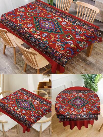 1pc Geometric Series Bohemian Pattern Printed Tablecloth, Modern Polyester Rectangular/Round Waterproof Tablecloth, Digital Printing Suitable For Living Room, Outdoor Dining Table, Small Round Table