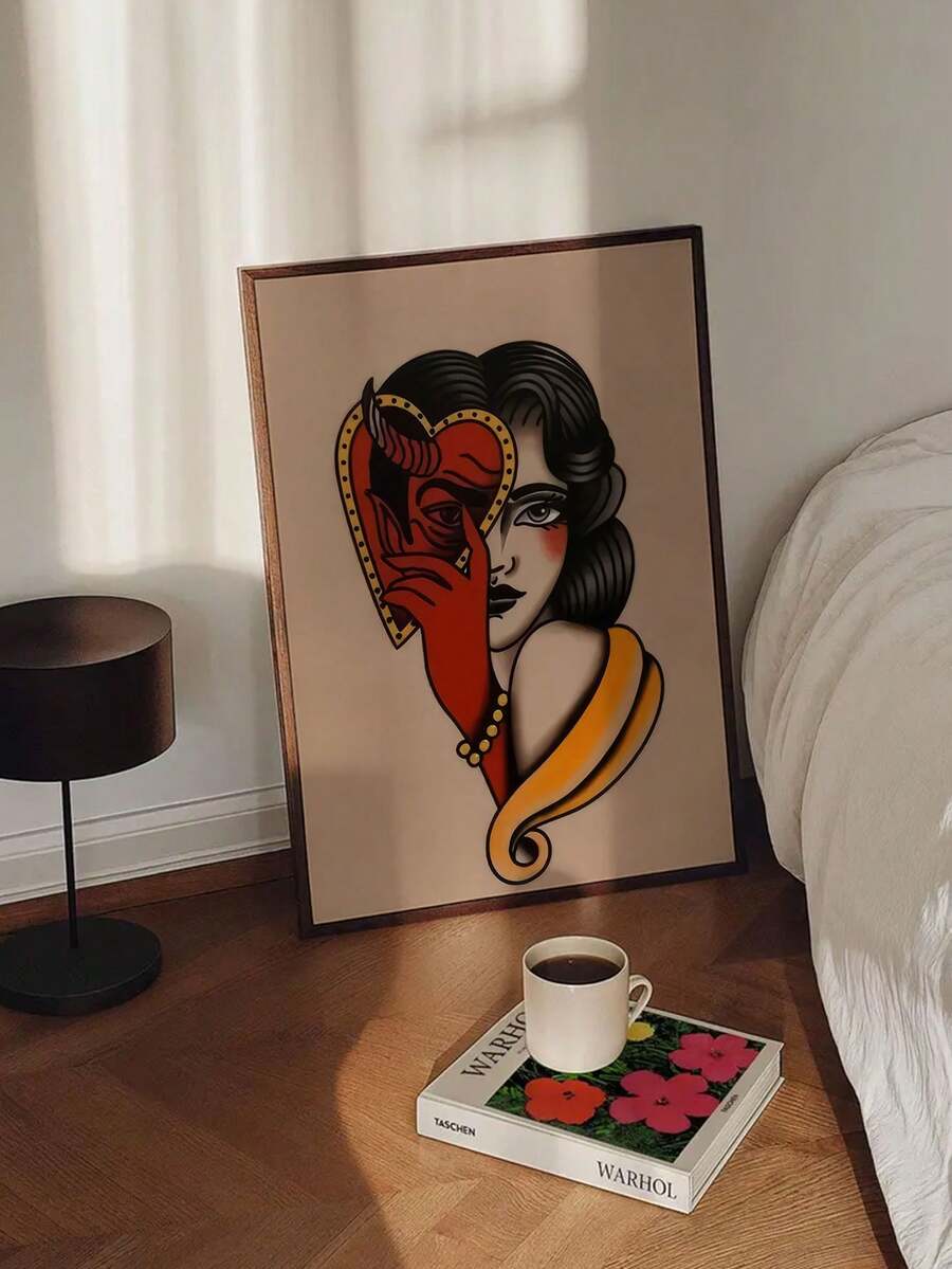 1 Piece Unframed Canvas Poster - Vintage Modern Decorative Art Style Traditional Tattoo Art, Adorned With Heart Motif, Red And Gold Accents - Durable Canvas Wall Decor, Suitable For Bedroom, Living Room, Office/Outdoor - Unique Decorative Gift, Canvas Wall Art - Multicolor - View 1