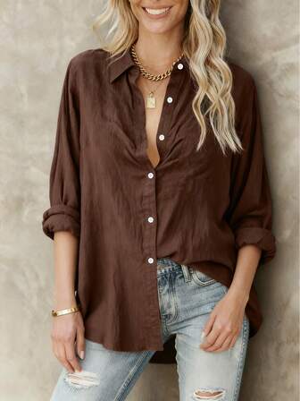 Women's Long Sleeve Blouse Elegant Brown Button-Up Shirt, Non-Stretch Office & Formal Attire, Classic H-Line Silhouette For Year-Round Professional Casual Attire, Yearround Top, Collared Shirt, Smooth Texture Fabric